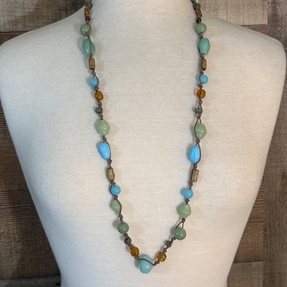 NY Mixed Stone and Glass Beaded Knotted Cord Long Necklace Blue Green Honey